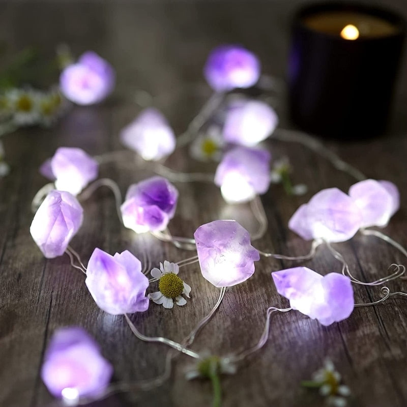 Natural Amethyst Fairy Lights Crystal String Lights Raw Stones 30 LEDs USB Powered Home Party Wedding Ornaments String Light